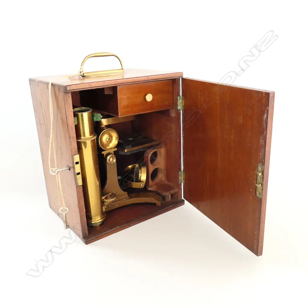 MAHOGANY CASED MONOCULAR MICROSCOPE by JAMES PARKES & SON, B'HAM (EYE TRADE MARK MOTIF) w VARIOUS LENSES & BULLSEYE Image 1++